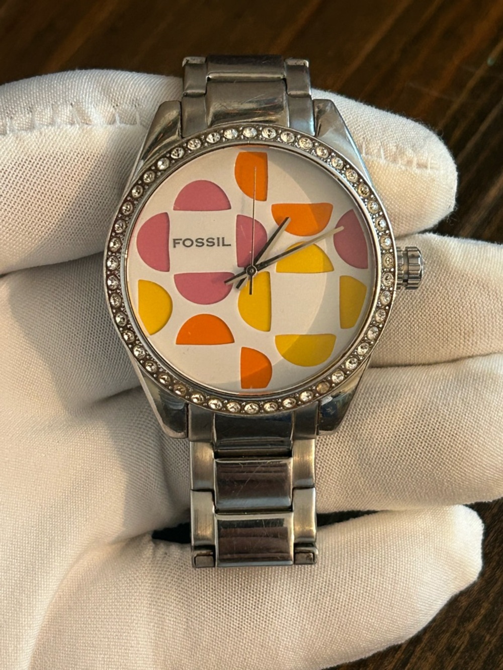 Fossil Silver Bracelet Watch with Pink, Orange and Yellow Accents